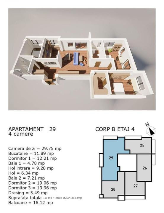 Apartament 4 camere, 2 bai, terasa, CF, de la dezvoltator, Corneliu Coposu